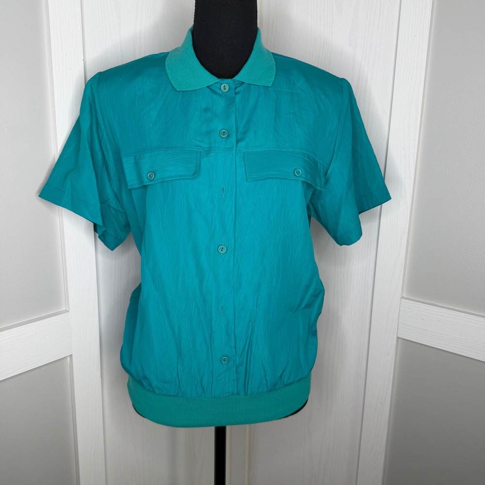 Vintage Lauren Lee Blouse Women Size 12 Teal Short Sleeve Ribbed Trim Top